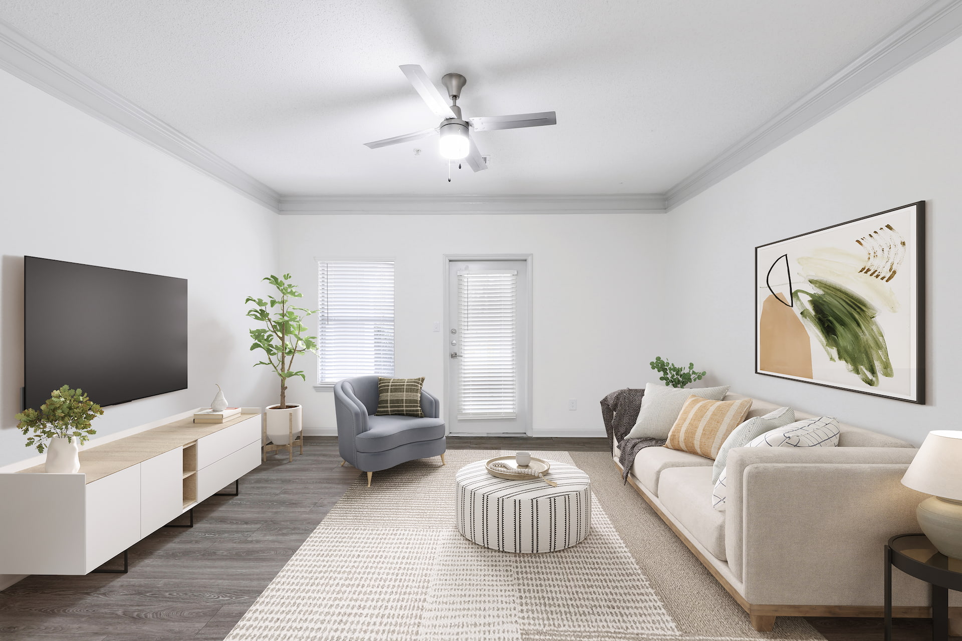 updated living room with wood style flooring, window, and windowed door with blinds.